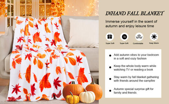Super soft fleece fuzzy picnic throw blanket for couch sofa chairs with cute holiday orange leaf (50" x 60"). Cozy lie on the sofa or stay warm by the fire with an autumn blanket. Fall blanket is also cozy home decor for the drab couch, sofa, living room,