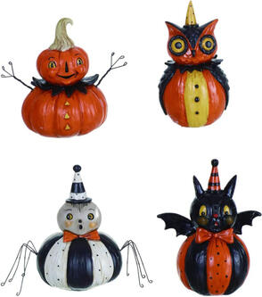 Vintage Decorative Pumpkin-Shaped Halloween Character - The set includes a jack-o-lantern in a black collar, an owl wearing a cape, and a spider and a bat wearing bowties and party hats.