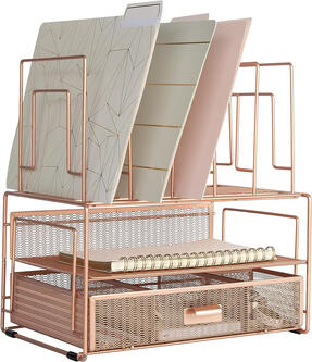 BLU MONACO Workspace Rose Gold Desk Organizers and Storage Accessories Desktop Rack File Organizer with File sorters and Drawer for Office Supplies, Paper, Device and Folder. PREMIUM QUALITY: Made of strong metal mesh and finished with rose gold paint, thi
