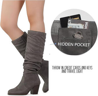 Comfortable boots perfect for fall. MEASUREMENT: Heel Height - 3"; Shaft Height (not including heel) - 18"; Calf Circumference - Approximately 15". Featuring inner full . side zipper, almond round toe, perfect 3 inch block heel. Convenient hidden pocket