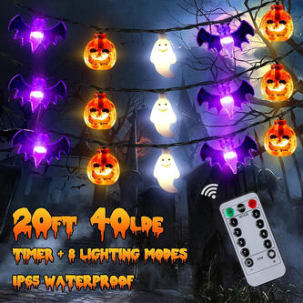 👻【Perfect Halloween Lights】Halloween lights lovely orange pumpkin, purple bat and cold white ghost 3D design in three colors, 20FT length with 40 quality LED beads with 8 kinds of dimming and brightness control. halloween lights indoor outdoor very Bright