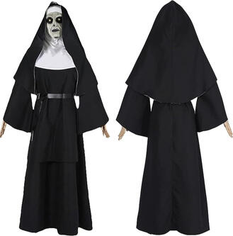 Costume Nun Dress with Scary Mask - 7 Piece Halloween Set: Package includes a black nun costume (robe), a nun headpiece, the white neck piecea, leather belt, a nun mask, and 2 cross necklace(one large and one small). #nuncostume #scarynun #halloween